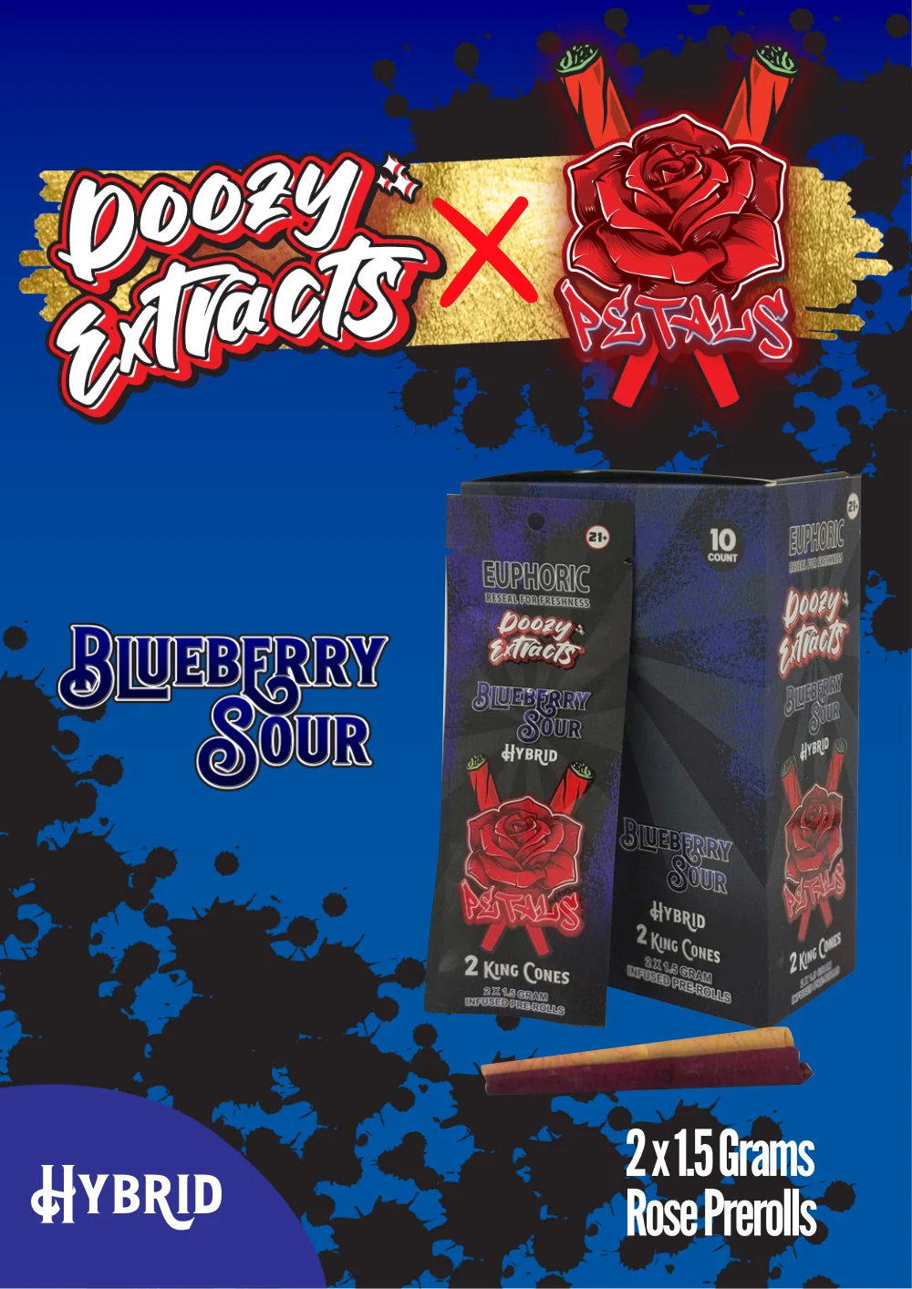 Doozy Extracts Premium Rose Petal Pre-Rolls, Blueberry sour hybrid strain