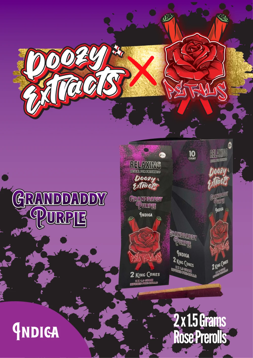 Doozy Extracts Premium Rose Petal Pre-Rolls, Granddaddy Purple indica strain