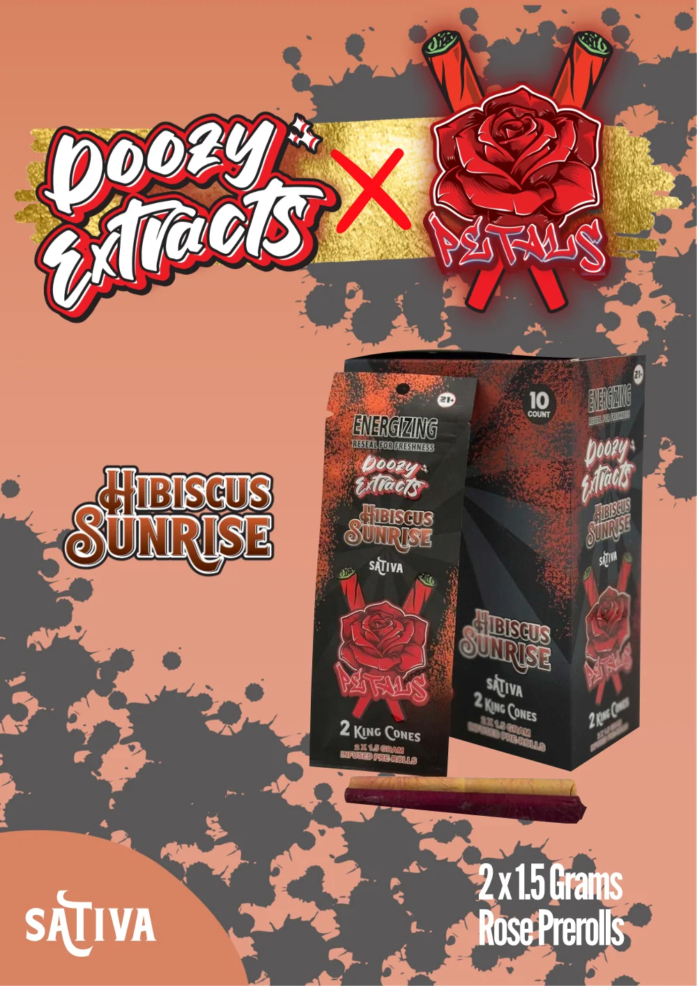 Doozy Extracts Premium Rose Petal Pre-Rolls, Hibiscus Sunrise sativa strain