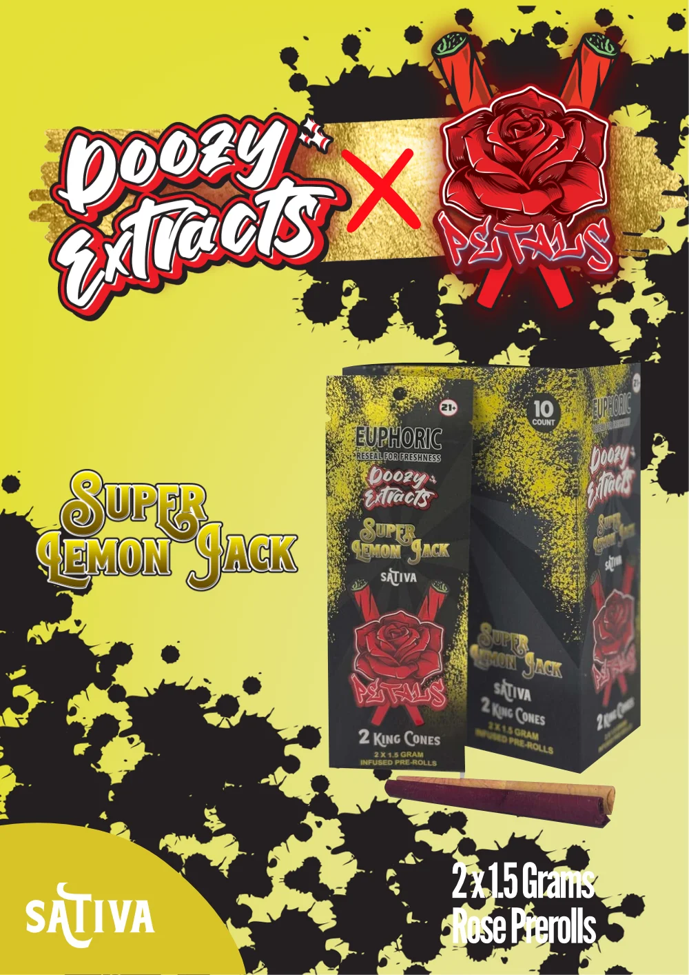 Doozy Extracts Premium Rose Petal Pre-Rolls, Super Lemon Jack sativa strain